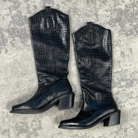 Alohas Mount Alli Croc Embossed Western Boot Black Leather Chunky Heel Sz 37 - Picture 7 of 15